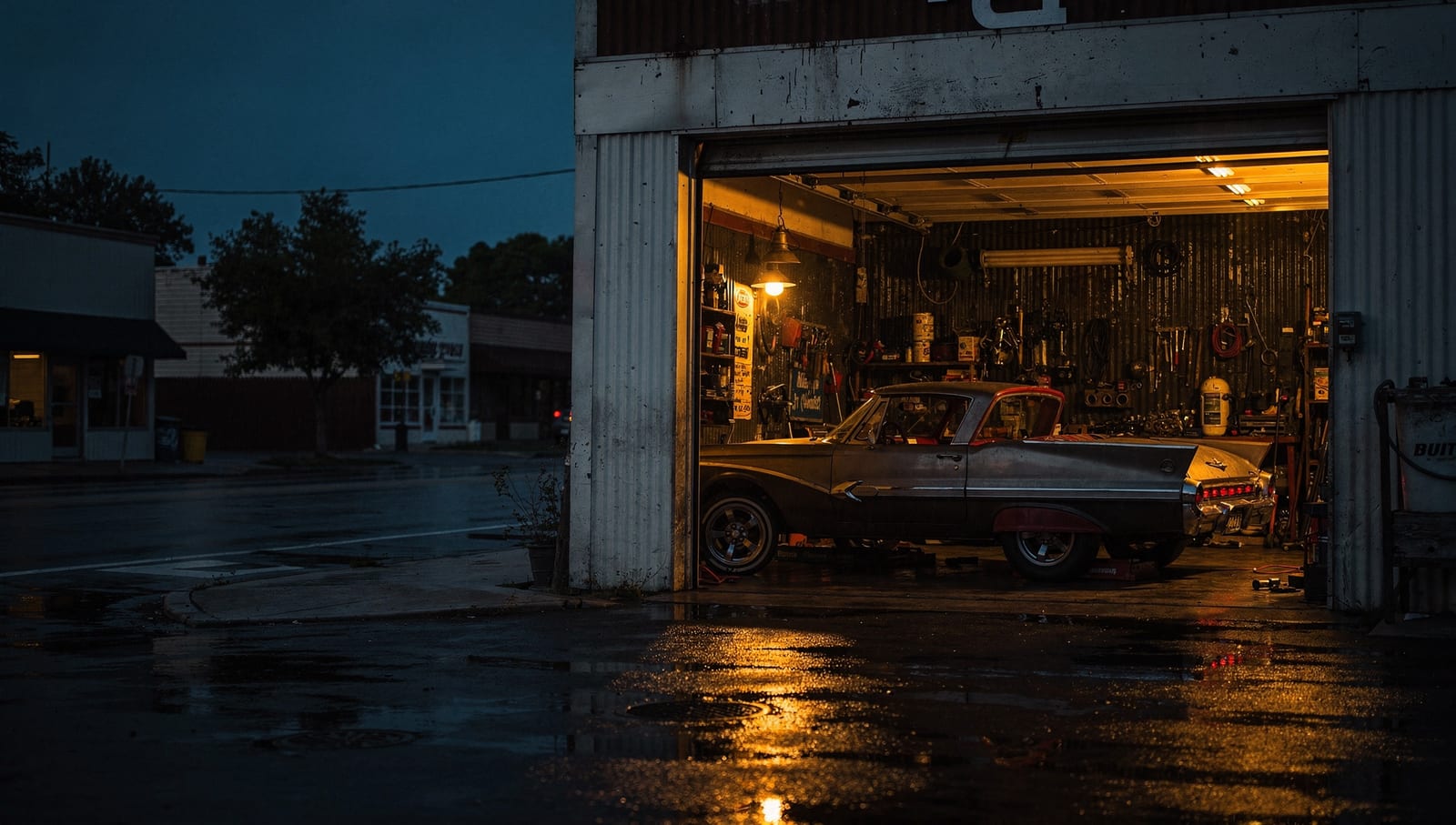 An independent auto garage on a Colorado main street at dusk
