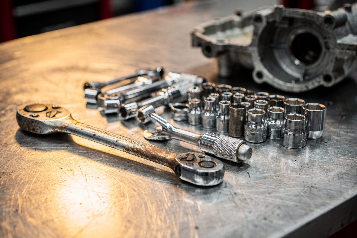 A mechanic's ratchets and sockets laid out on the workbench