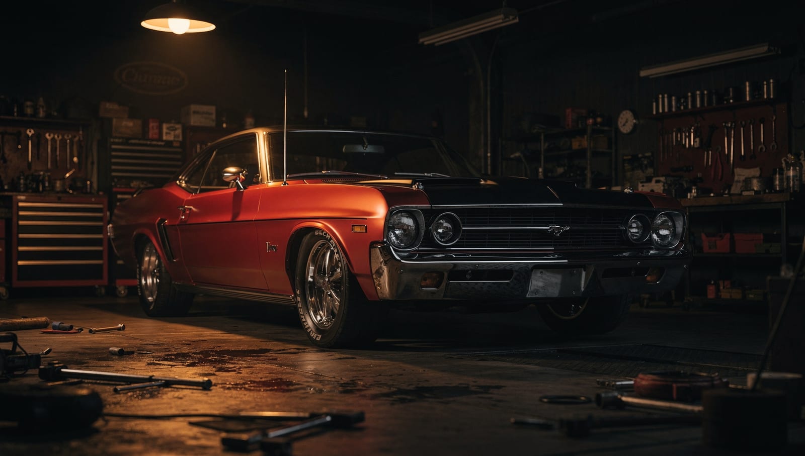 A classic muscle car under a warm work-lamp inside the Car Nuts shop bay